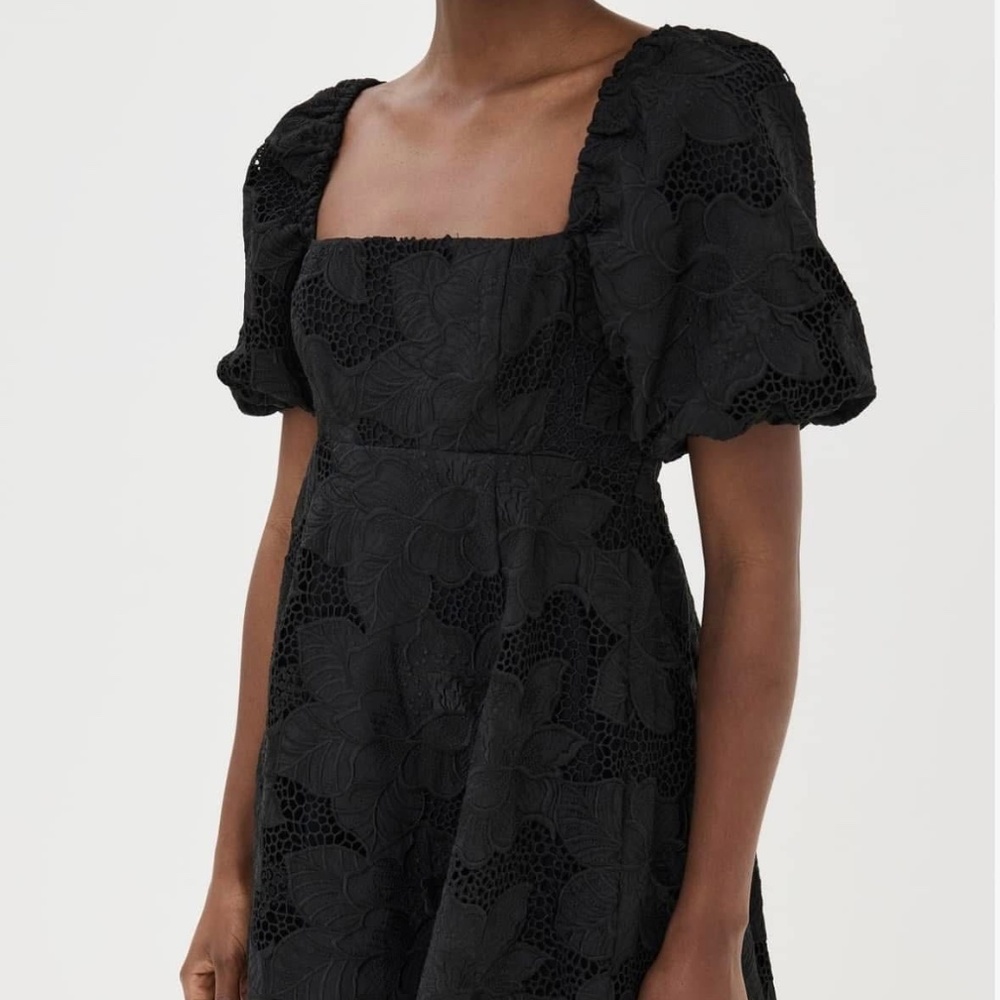 Hill House Black Lace Square-Neck Puff-Sleeve Dress